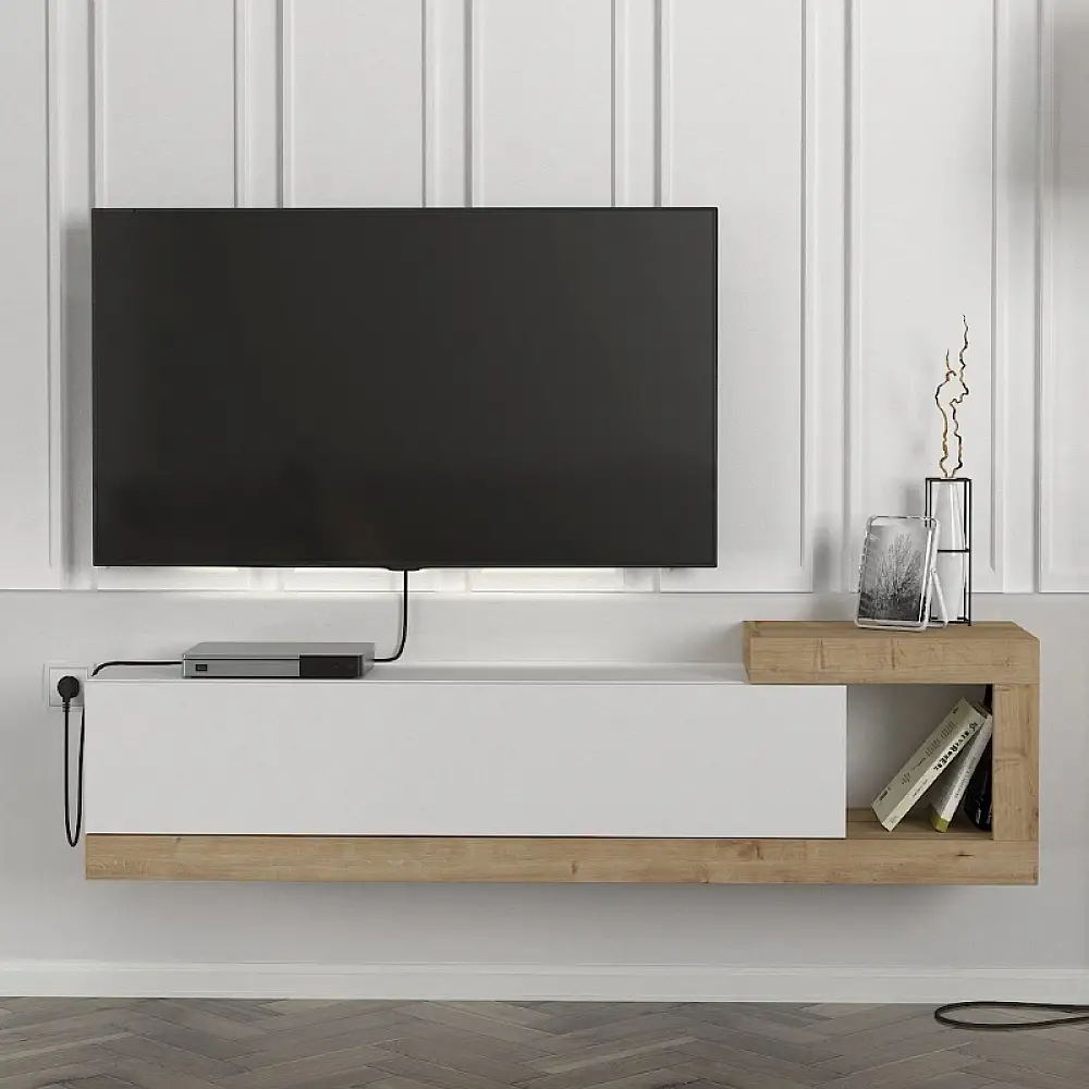 Έπιπλο τηλεόρασης επιτοίχιο Volare Megapap χρώμα λευκό - sapphire oak 150x29,6x38,6εκ. | GP042-0187,3