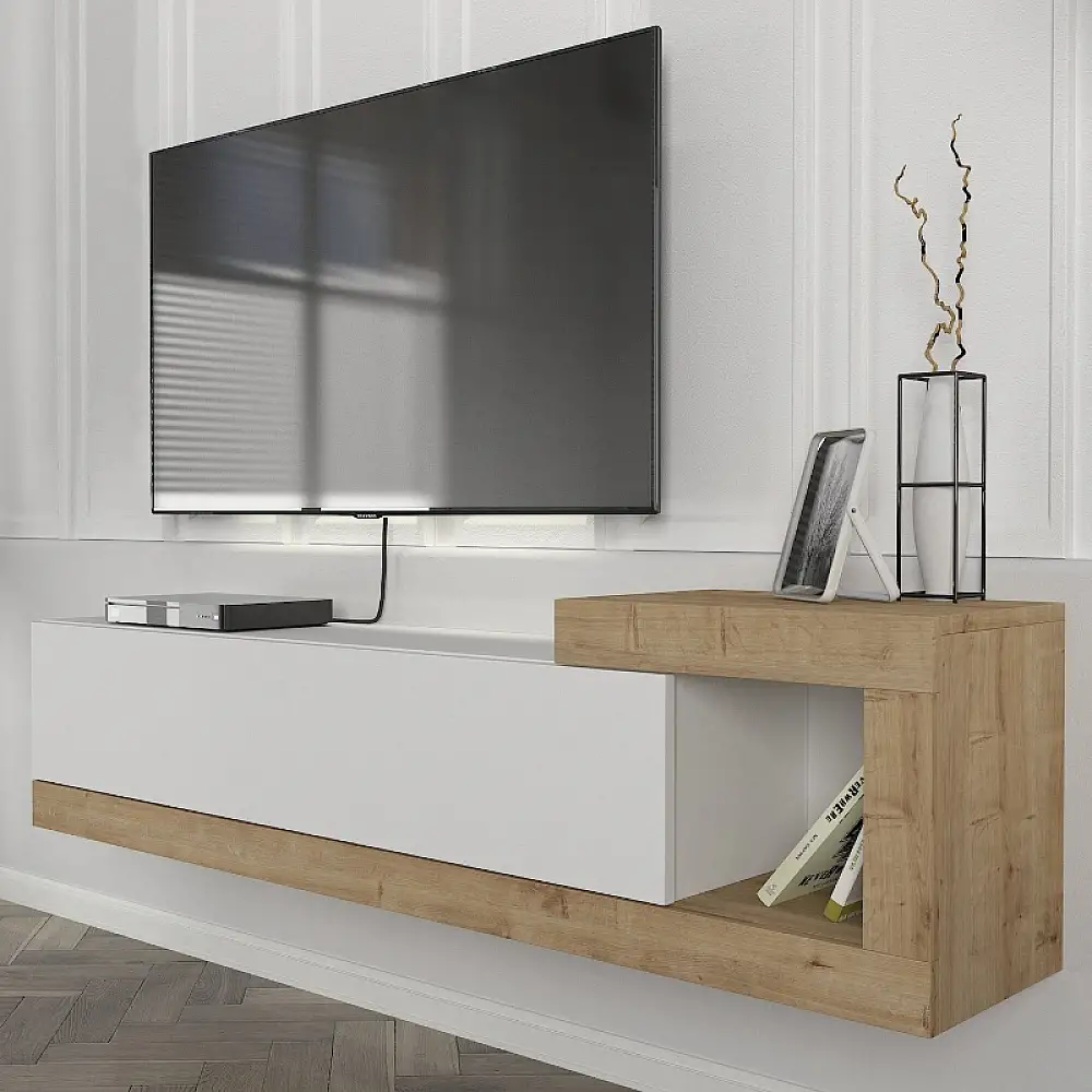 Έπιπλο τηλεόρασης επιτοίχιο Volare Megapap χρώμα λευκό - sapphire oak 150x29,6x38,6εκ. | GP042-0187,3