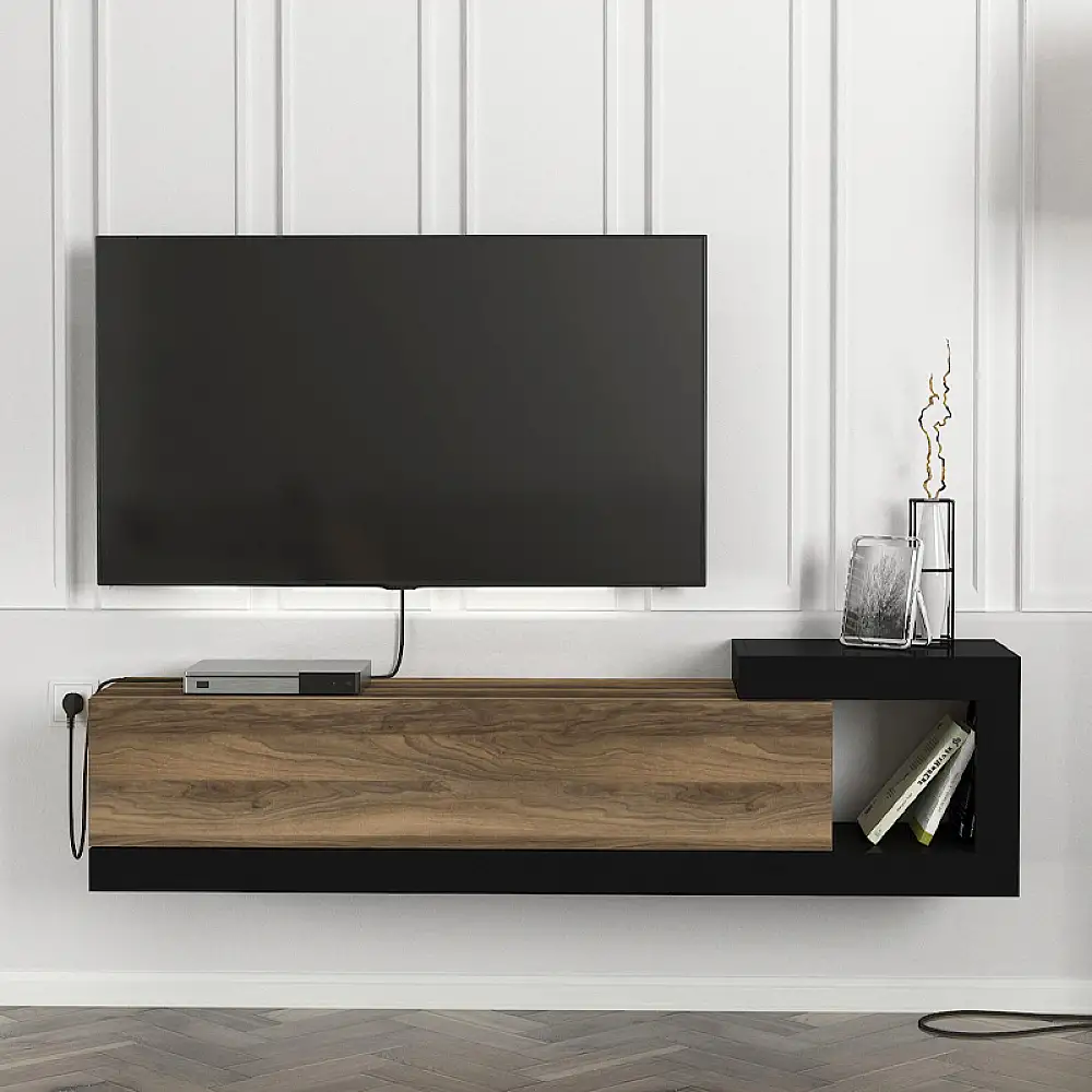 Έπιπλο τηλεόρασης επιτοίχιο Volare Megapap χρώμα καρυδί - μαύρο 150x29,6x38,6εκ. | GP042-0187,4