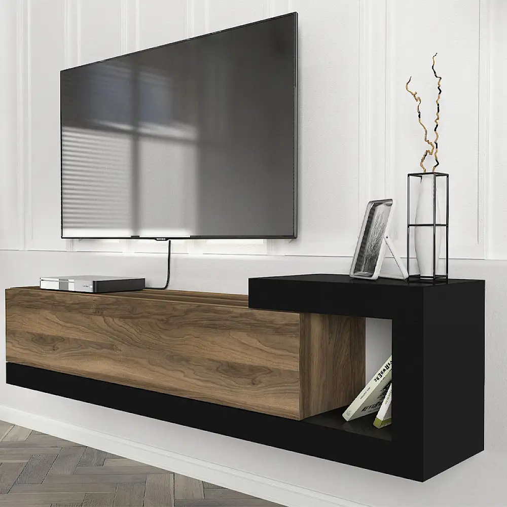 Έπιπλο τηλεόρασης επιτοίχιο Volare Megapap χρώμα καρυδί - μαύρο 150x29,6x38,6εκ. | GP042-0187,4