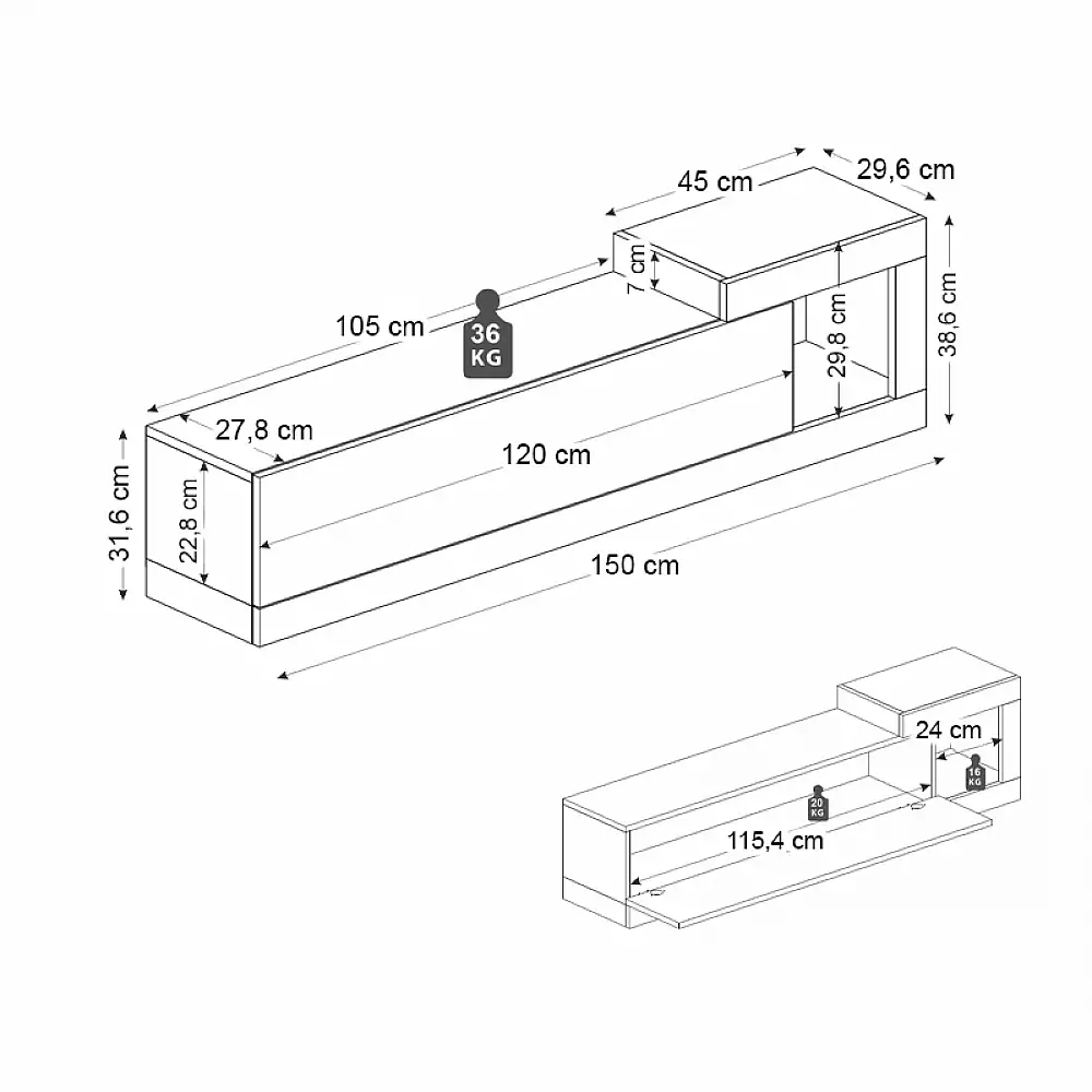 Έπιπλο τηλεόρασης επιτοίχιο Volare Megapap χρώμα λευκό εφέ μαρμάρου - sapphire oak 150x29,6x38,6εκ. | GP042-0187,5