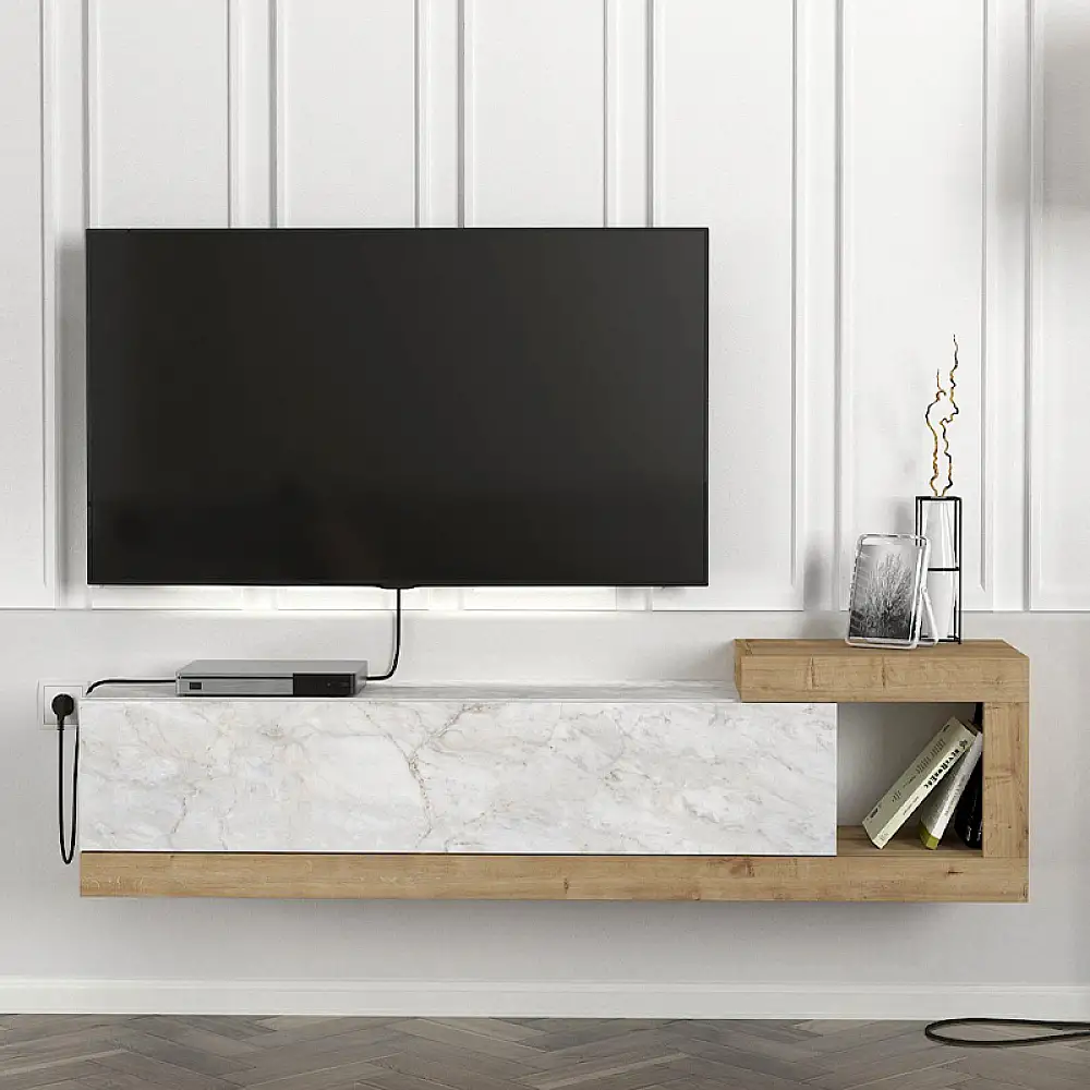 Έπιπλο τηλεόρασης επιτοίχιο Volare Megapap χρώμα λευκό εφέ μαρμάρου - sapphire oak 150x29,6x38,6εκ. | GP042-0187,5