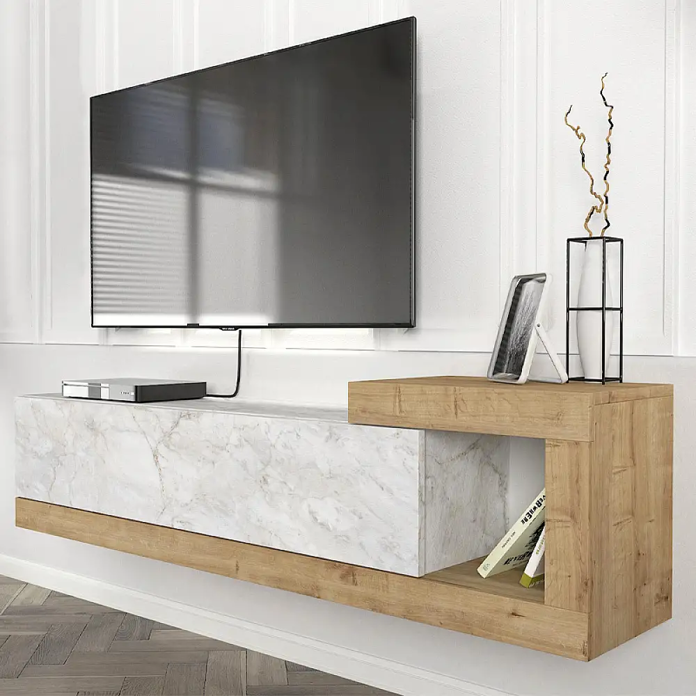 Έπιπλο τηλεόρασης επιτοίχιο Volare Megapap χρώμα λευκό εφέ μαρμάρου - sapphire oak 150x29,6x38,6εκ. | GP042-0187,5