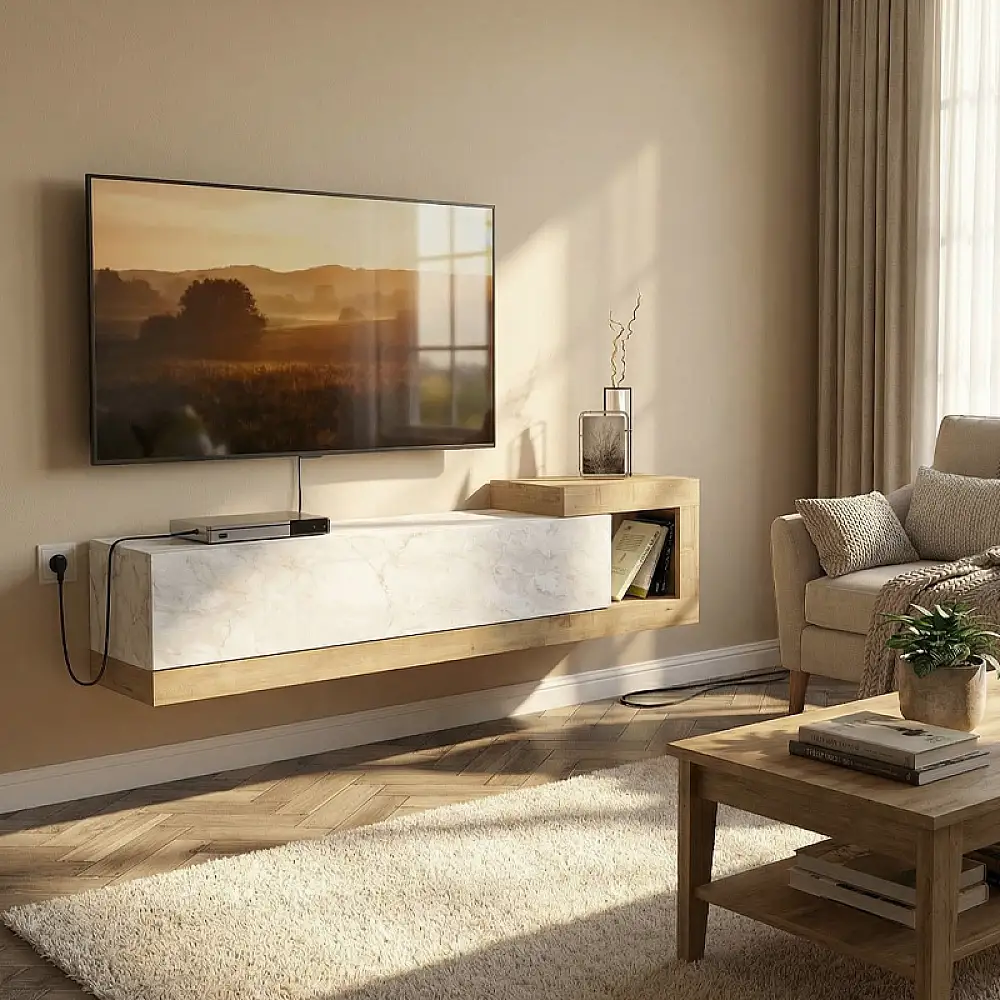 Έπιπλο τηλεόρασης επιτοίχιο Volare Megapap χρώμα λευκό εφέ μαρμάρου - sapphire oak 150x29,6x38,6εκ. | GP042-0187,5