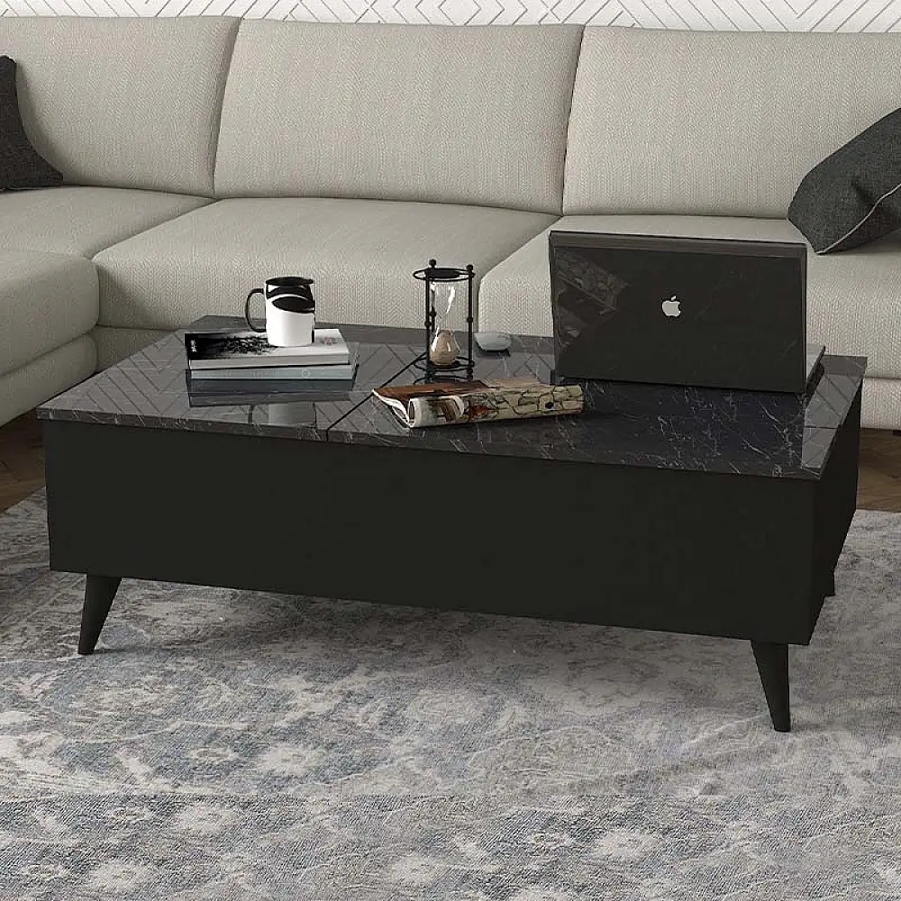 Τραπεζάκι σαλονιού Roy Megapap με σερβιτόρο χρώμα μαύρο - εφέ μαρμάρου 121x69x40εκ. | GP042-0194,1