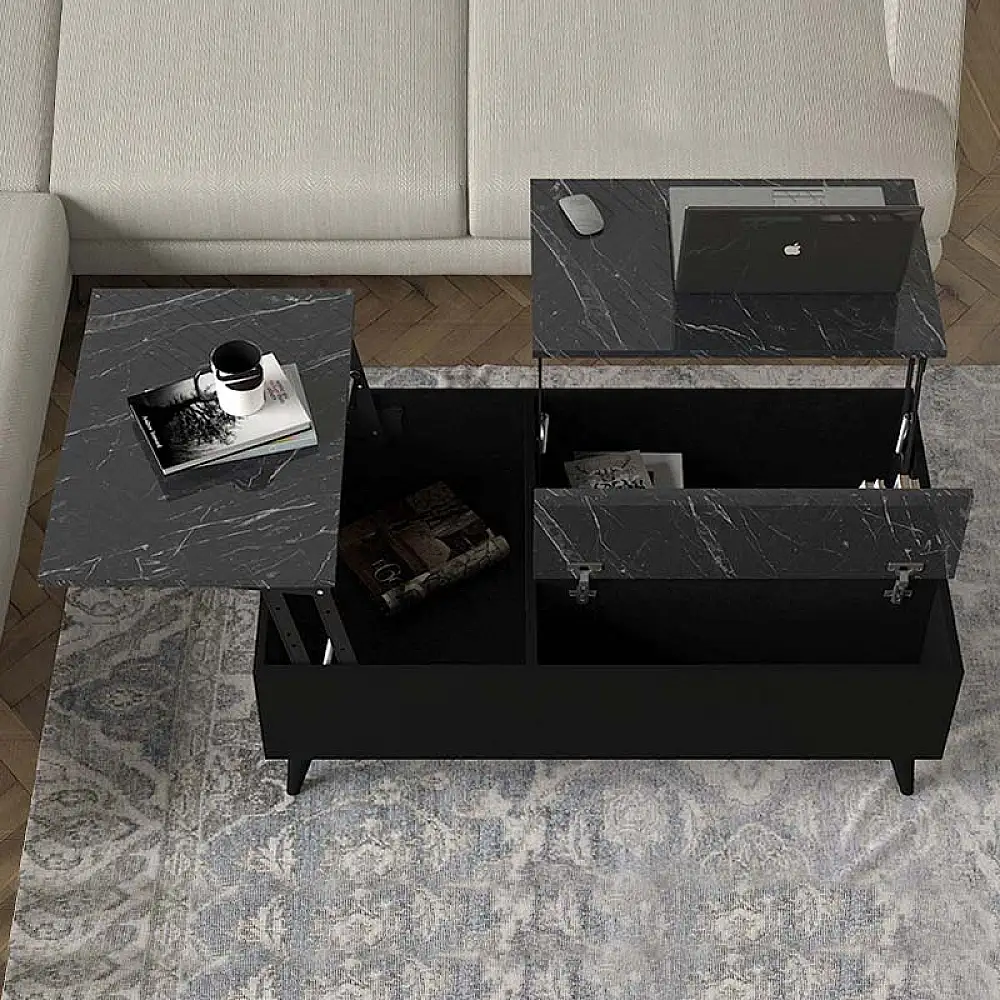 Τραπεζάκι σαλονιού Roy Megapap με σερβιτόρο χρώμα μαύρο - εφέ μαρμάρου 121x69x40εκ. | GP042-0194,1