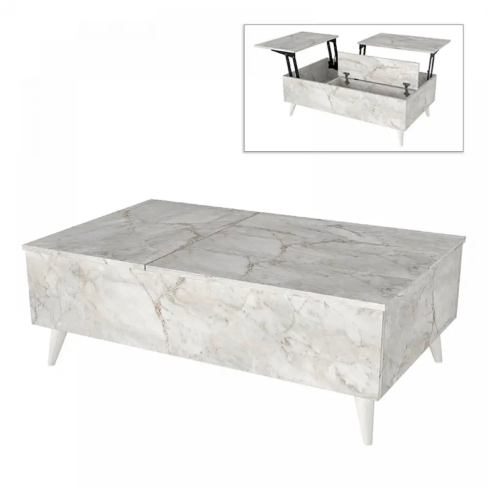 Τραπεζάκι σαλονιού Roy Megapap με σερβιτόρο χρώμα λευκό εφέ μαρμάρου 121x69x40εκ. | GP042-0194,6