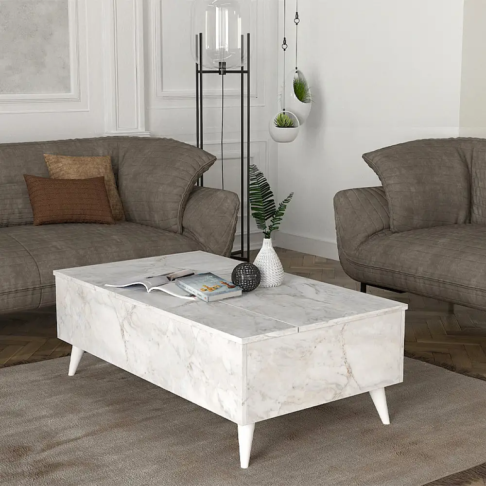 Τραπεζάκι σαλονιού Roy Megapap με σερβιτόρο χρώμα λευκό εφέ μαρμάρου 121x69x40εκ. | GP042-0194,6