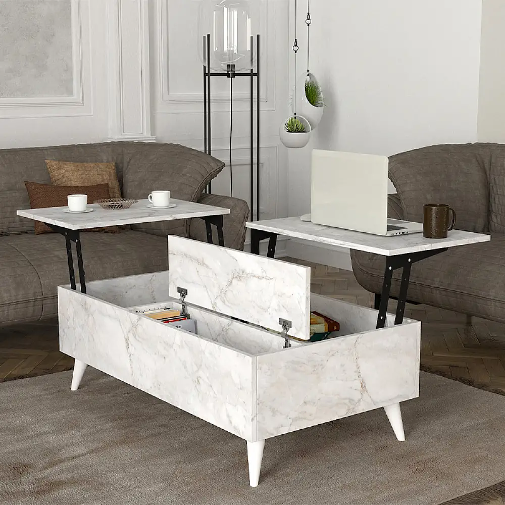 Τραπεζάκι σαλονιού Roy Megapap με σερβιτόρο χρώμα λευκό εφέ μαρμάρου 121x69x40εκ. | GP042-0194,6