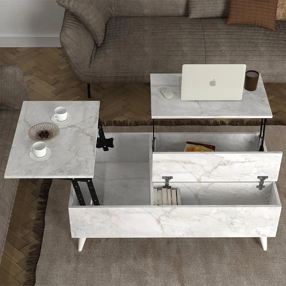Τραπεζάκι σαλονιού Roy Megapap με σερβιτόρο χρώμα λευκό εφέ μαρμάρου 121x69x40εκ. | GP042-0194,6