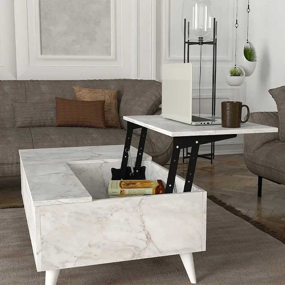 Τραπεζάκι σαλονιού Roy Megapap με σερβιτόρο χρώμα λευκό εφέ μαρμάρου 121x69x40εκ. | GP042-0194,6