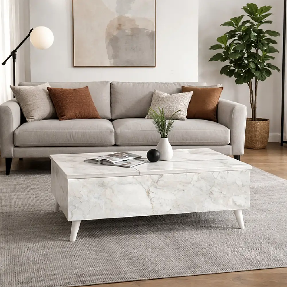 Τραπεζάκι σαλονιού Roy Megapap με σερβιτόρο χρώμα λευκό εφέ μαρμάρου 121x69x40εκ. | GP042-0194,6