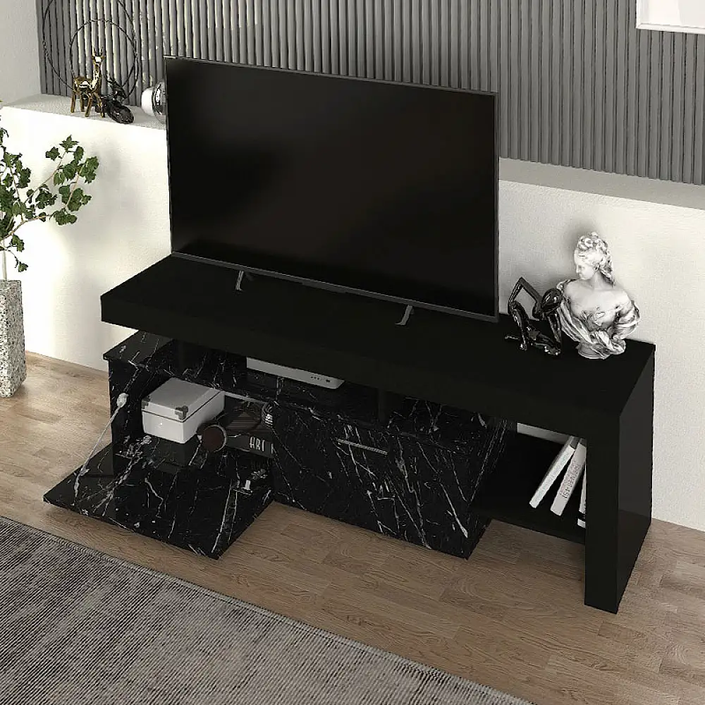 Έπιπλο τηλεόρασης Acnes Megapap χρώμα μαύρο - μαύρο εφέ μαρμάρου 160x40x53εκ. | GP042-0242,1
