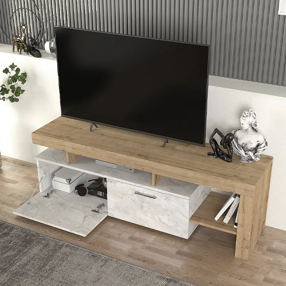 Έπιπλο τηλεόρασης Acnes Megapap χρώμα λευκό εφέ μαρμάρου - sapphire oak 160x40x53εκ. | GP042-0242,4