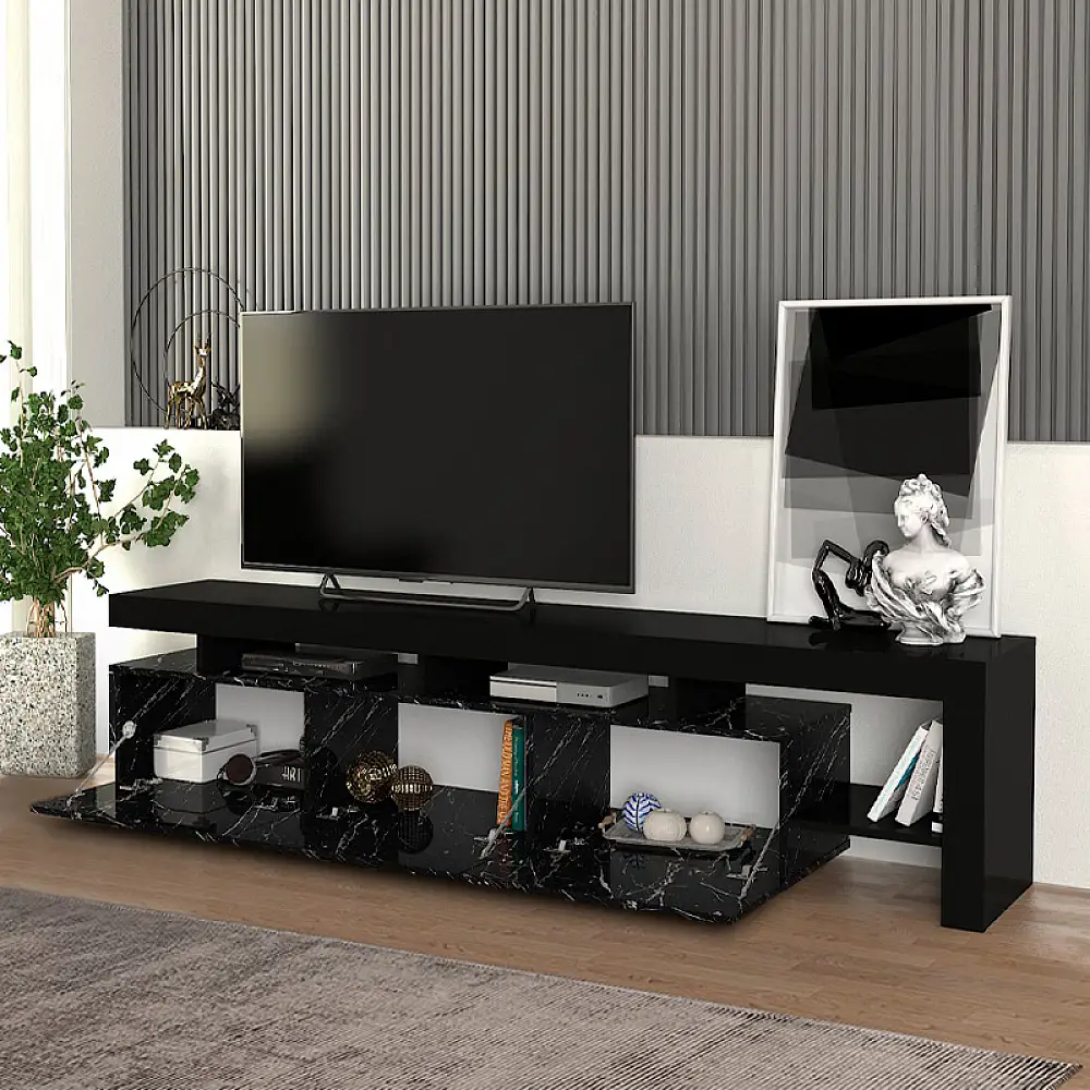 Έπιπλο τηλεόρασης Acnes Megapap χρώμα μαύρο - μαύρο εφέ μαρμάρου 220x40x52εκ. | GP042-0243,1