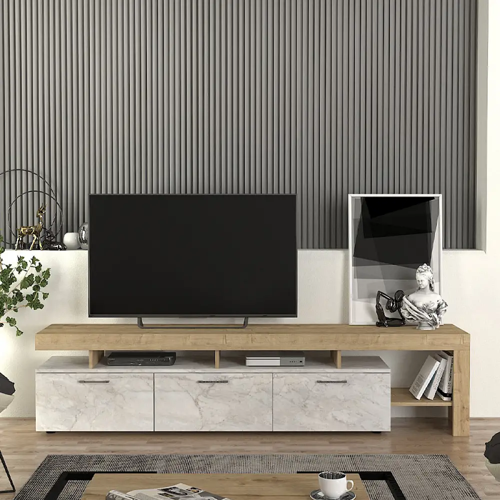 Έπιπλο τηλεόρασης Acnes Megapap χρώμα λευκό εφέ μαρμάρου - sapphire oak 220x40x52εκ. | GP042-0243,4