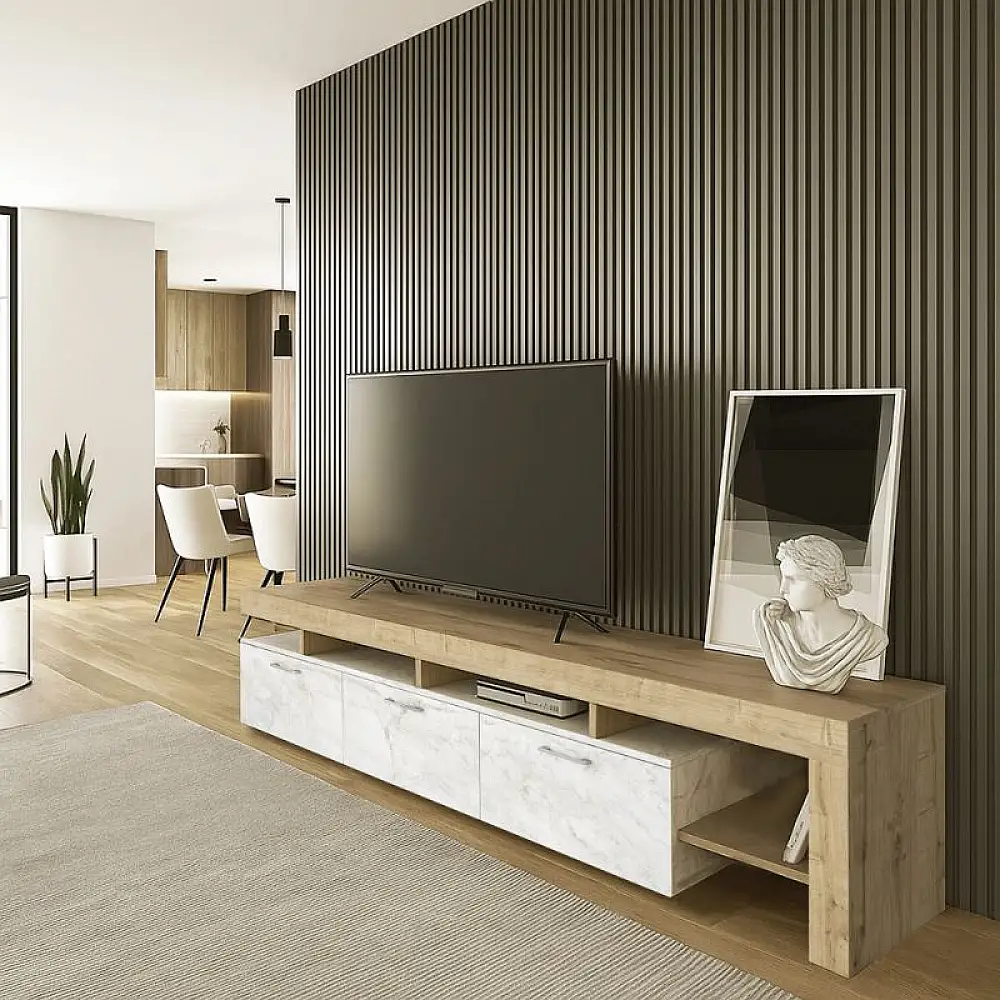 Έπιπλο τηλεόρασης Acnes Megapap χρώμα λευκό εφέ μαρμάρου - sapphire oak 220x40x52εκ. | GP042-0243,4