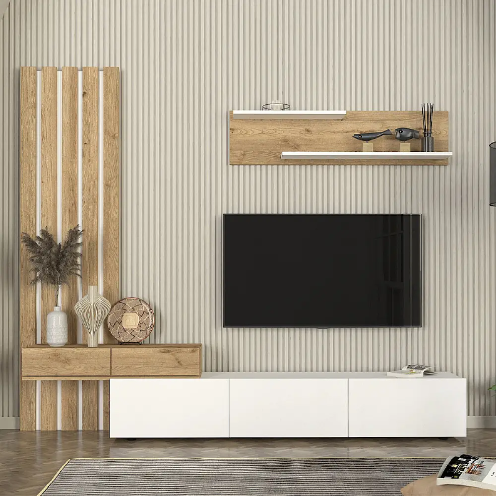 Σύνθεση τηλεόρασης Rosaline Megapap χρώμα λευκό - sepet oak 233x31,3x196,8εκ. - GP042-0324,1