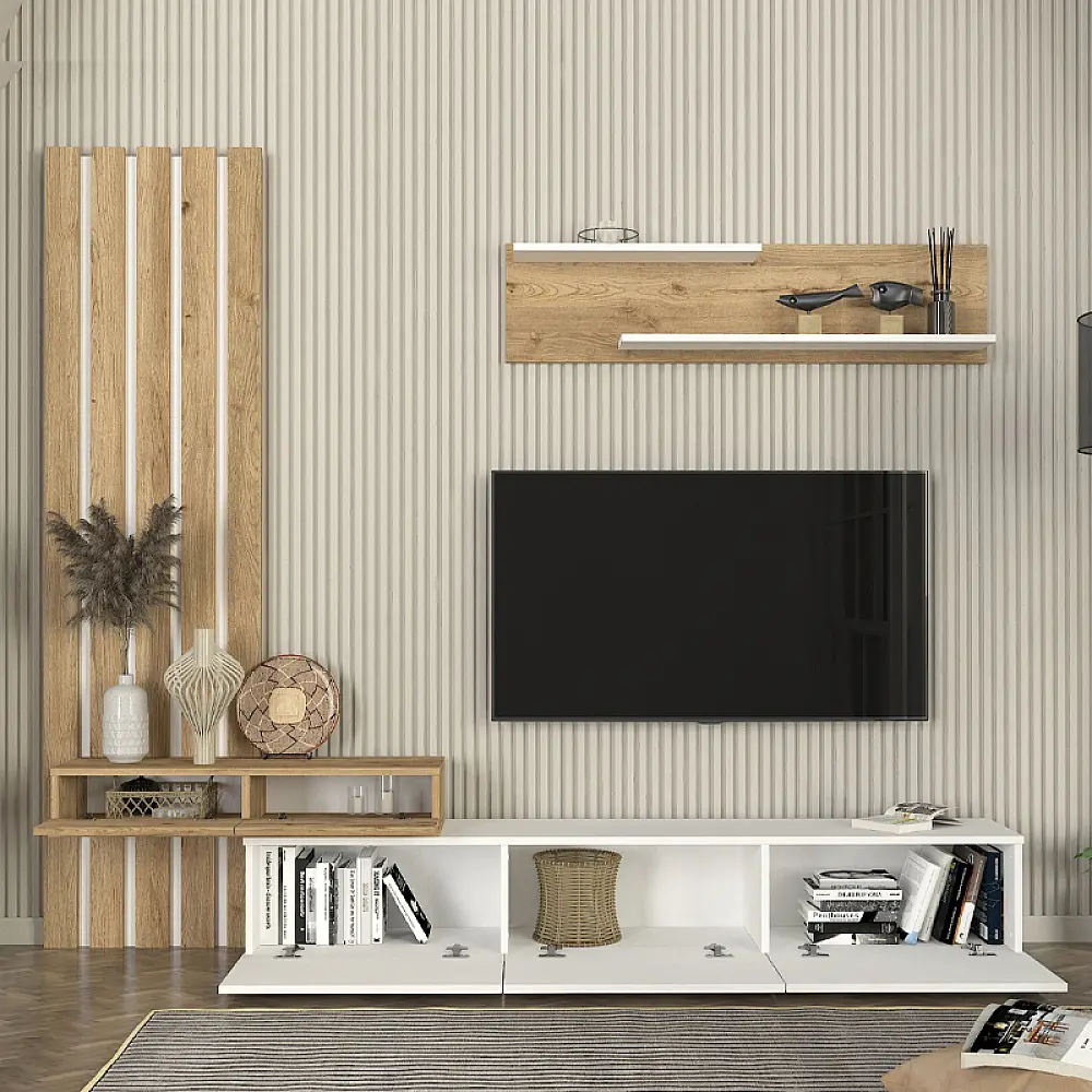 Σύνθεση τηλεόρασης Rosaline Megapap χρώμα λευκό - sepet oak 233x31,3x196,8εκ. - GP042-0324,1