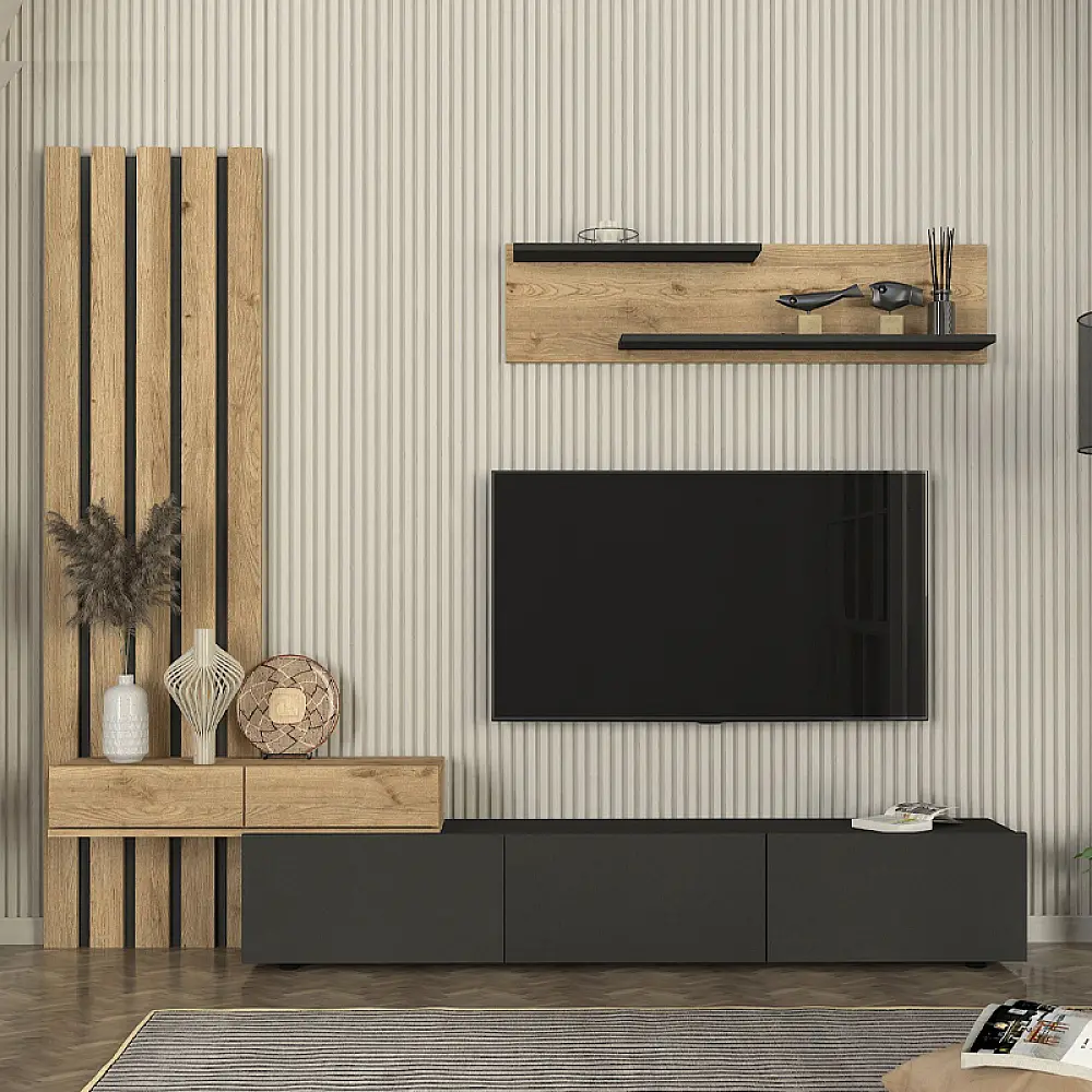 Σύνθεση τηλεόρασης Rosaline Megapap χρώμα ανθρακί - sepet oak 233x31,3x196,8εκ. - GP042-0324,2