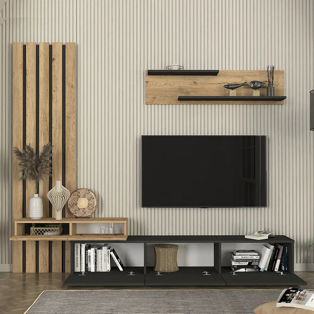 Σύνθεση τηλεόρασης Rosaline Megapap χρώμα ανθρακί - sepet oak 233x31,3x196,8εκ. - GP042-0324,2