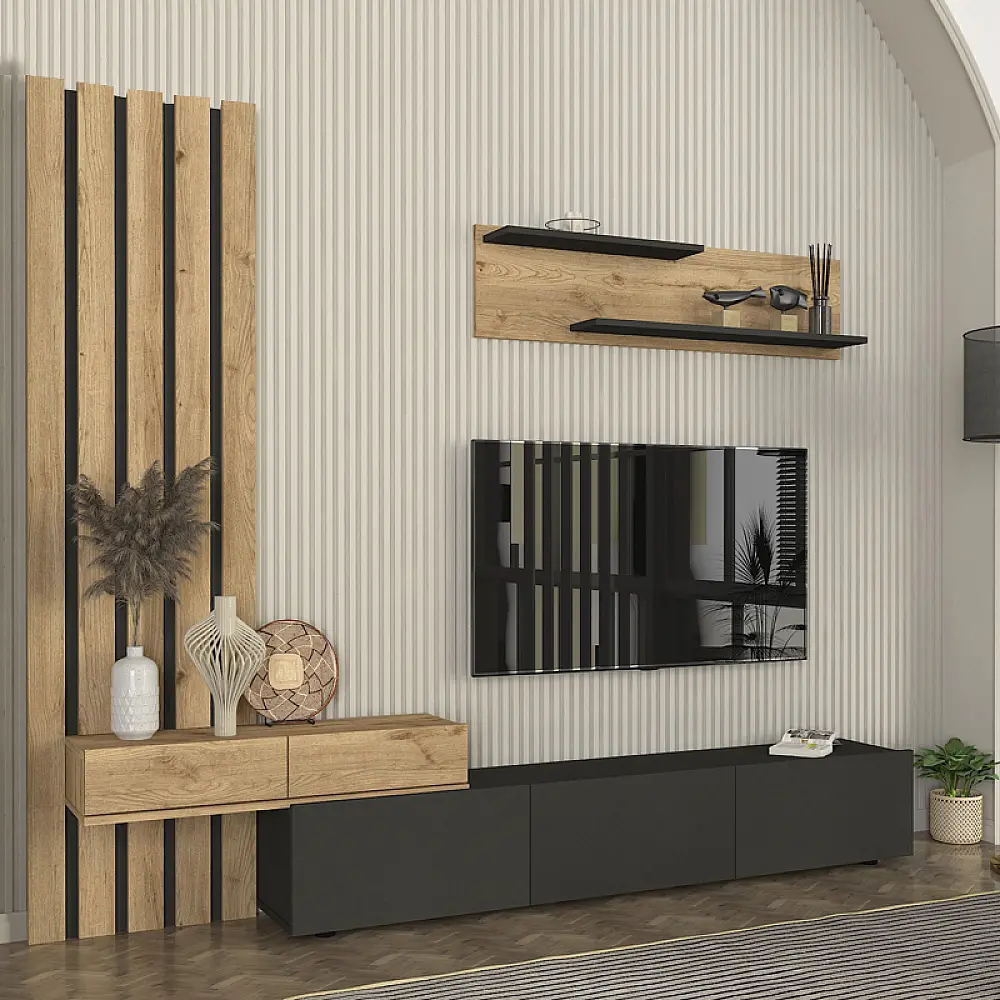 Σύνθεση τηλεόρασης Rosaline Megapap χρώμα ανθρακί - sepet oak 233x31,3x196,8εκ. - GP042-0324,2 Σύνθεση τηλεόρασης Rosaline Megapap χρώμα ανθρακί - sepet oak 233x31,3x196,8εκ. - GP042-0324,2
