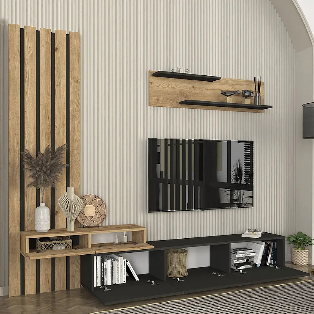 Σύνθεση τηλεόρασης Rosaline Megapap χρώμα ανθρακί - sepet oak 233x31,3x196,8εκ. - GP042-0324,2 Σύνθεση τηλεόρασης Rosaline Megapap χρώμα ανθρακί - sepet oak 233x31,3x196,8εκ. - GP042-0324,2