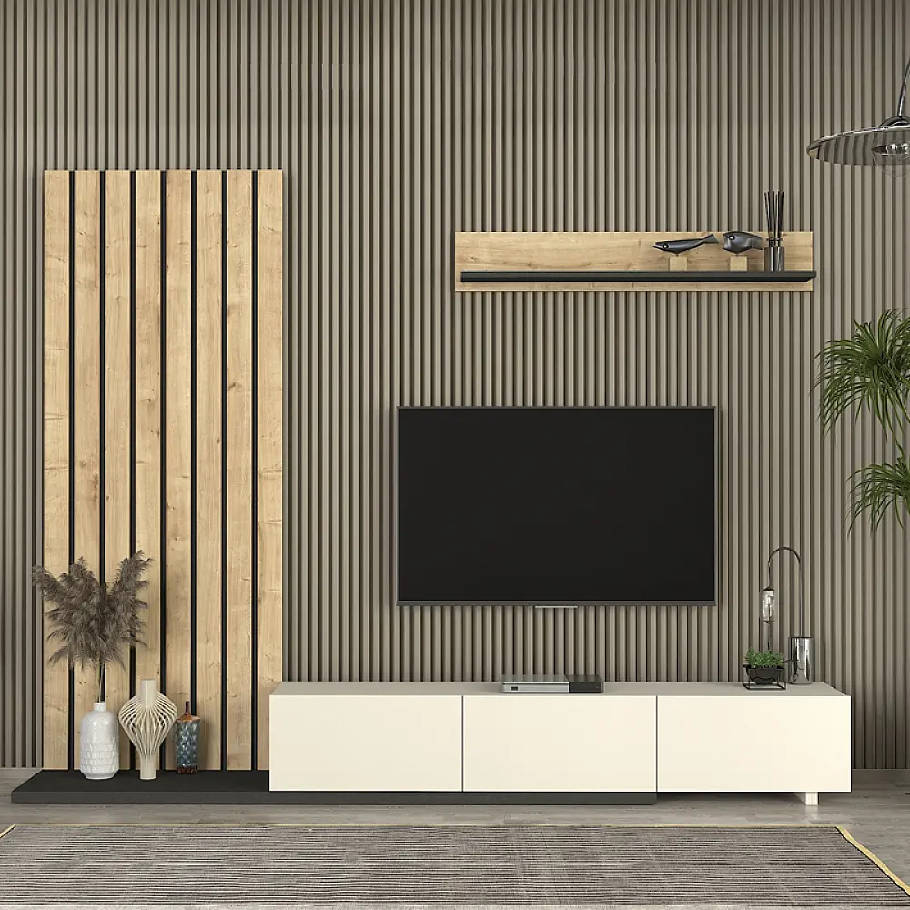 Σύνθεση τηλεόρασης Nagini Megapap χρώμα ivory - sapphire oak - ανθρακί 260x39,4x203,6εκ. - GP042-0325,1