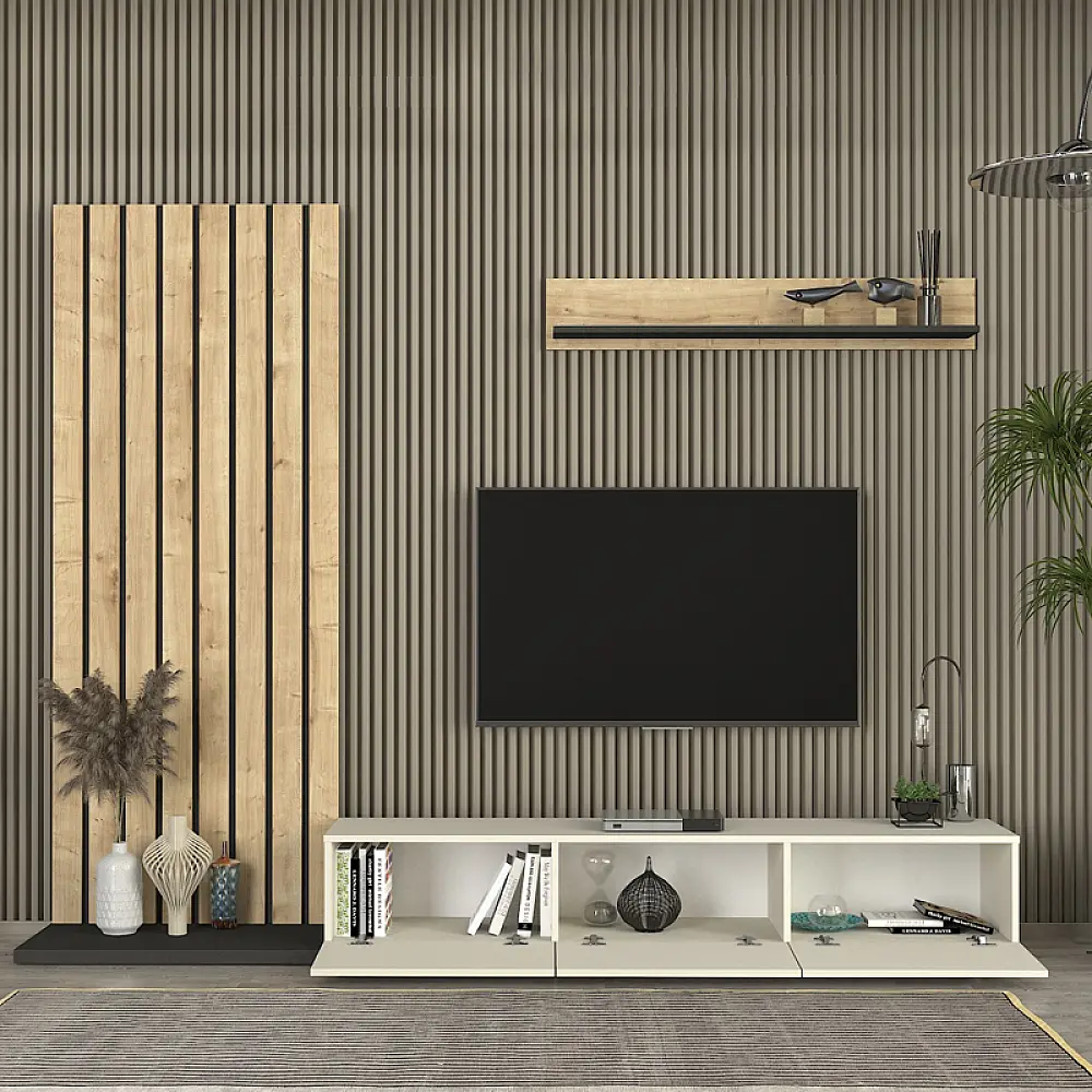 Σύνθεση τηλεόρασης Nagini Megapap χρώμα ivory - sapphire oak - ανθρακί 260x39,4x203,6εκ. - GP042-0325,1