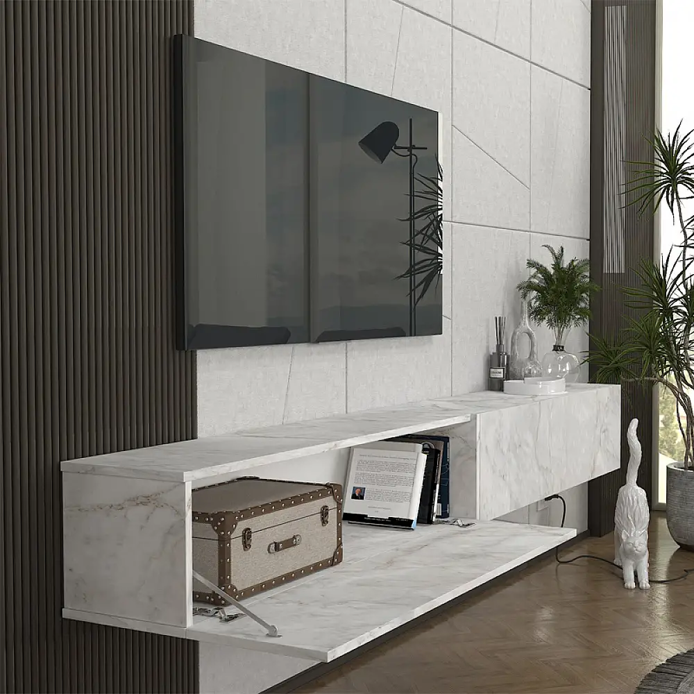 Έπιπλο τηλεόρασης επιτοίχιο Espanse Megapap χρώμα λευκό εφέ μαρμάρου 241,8x31,7x30εκ. | GP042-0328,5