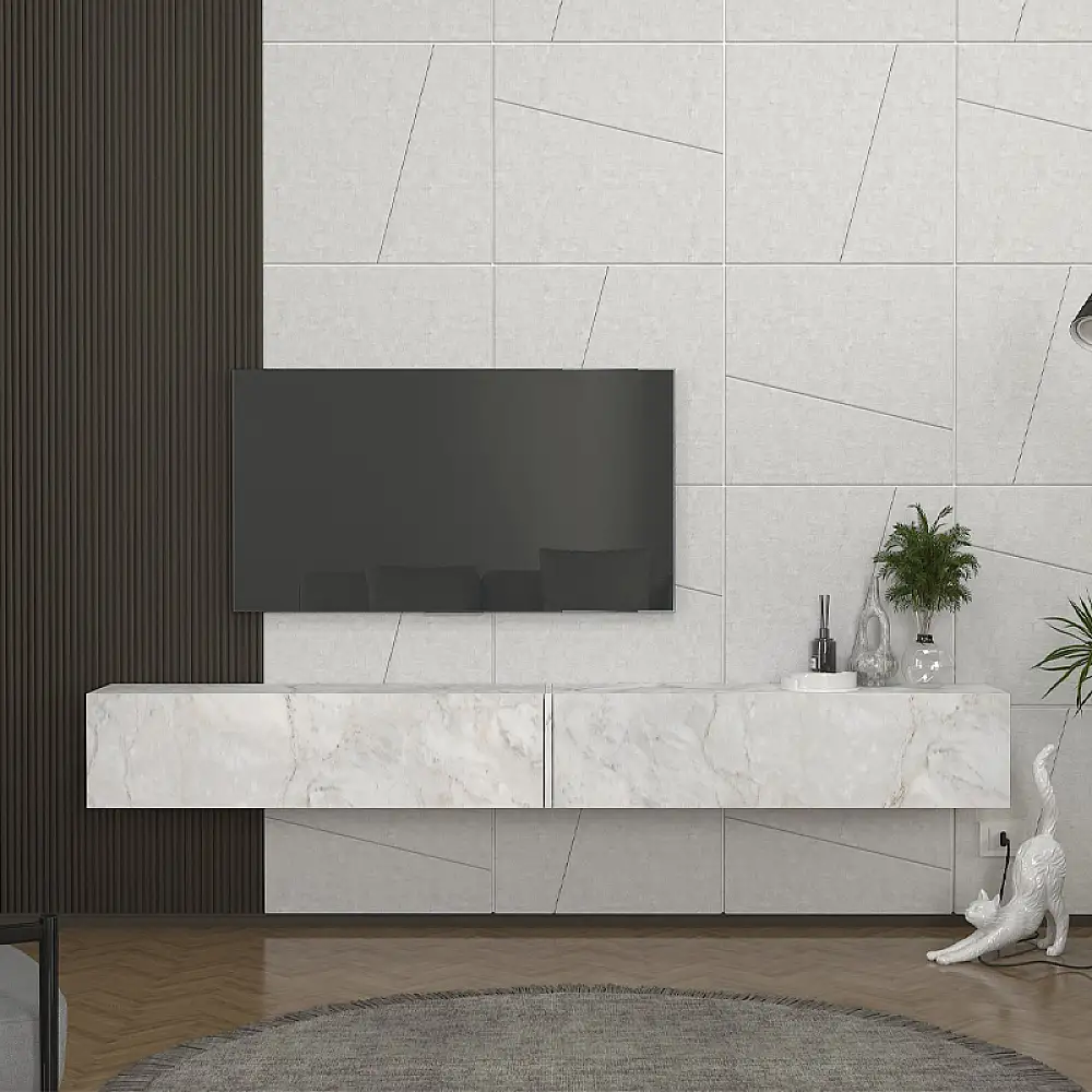 Έπιπλο τηλεόρασης επιτοίχιο Espanse Megapap χρώμα λευκό εφέ μαρμάρου 241,8x31,7x30εκ. | GP042-0328,5