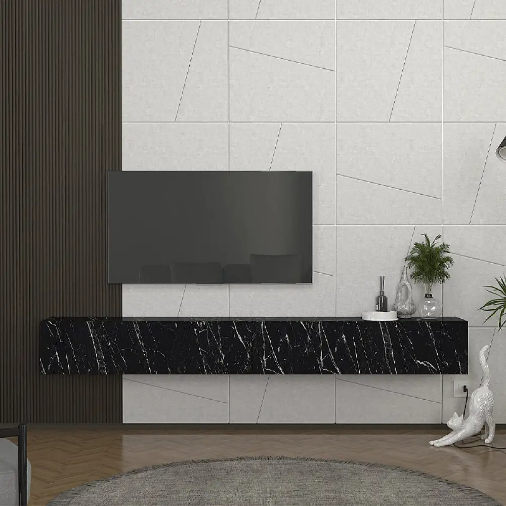 Έπιπλο τηλεόρασης επιτοίχιο Espanse Megapap χρώμα μαύρο εφέ μαρμάρου 241,8x31,7x30εκ. | GP042-0328,6