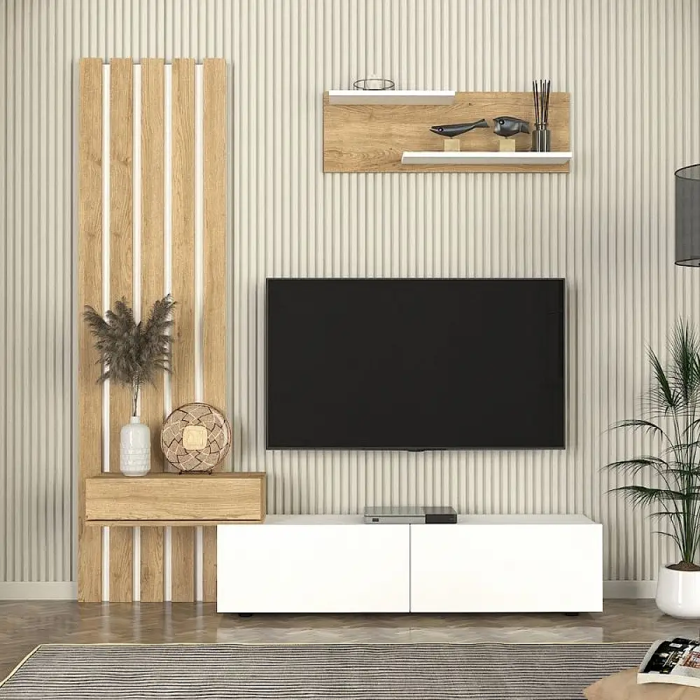 Σύνθεση τηλεόρασης Rosaline Megapap χρώμα λευκό - sepet oak 183x31,3x196,9εκ. | GP042-0364,2