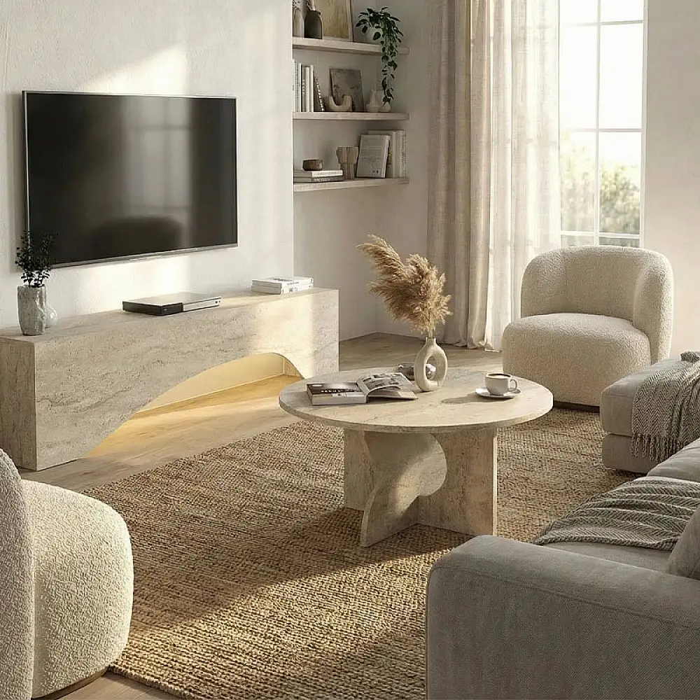 Τραπεζάκι σαλονιού Mara Megapap χρώμα travertine Ø75x36,8εκ. | GP042-0374,1