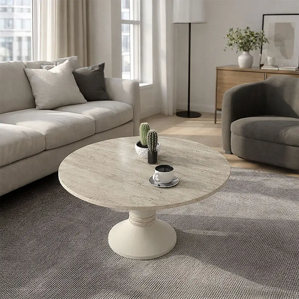 Τραπεζάκι σαλονιού Lepper Megapap χρώμα travertine - sandstone Ø75x39,8εκ. | GP042-0378,1