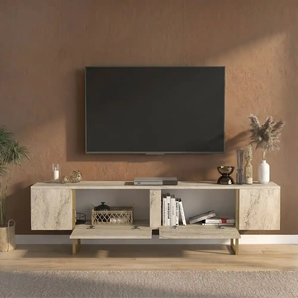 Έπιπλο τηλεόρασης Orontes Megapap χρώμα travertine - χρυσό 180x29,6x50εκ. | GP042-0409,3
