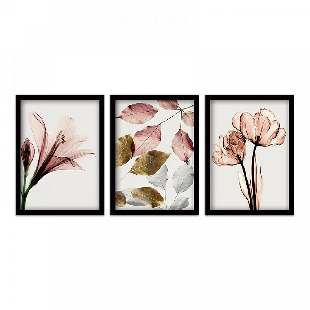 Πίνακας "Pink Flowers" Megapap 3 τμχ. σε πλαίσιο 35x45x2εκ.