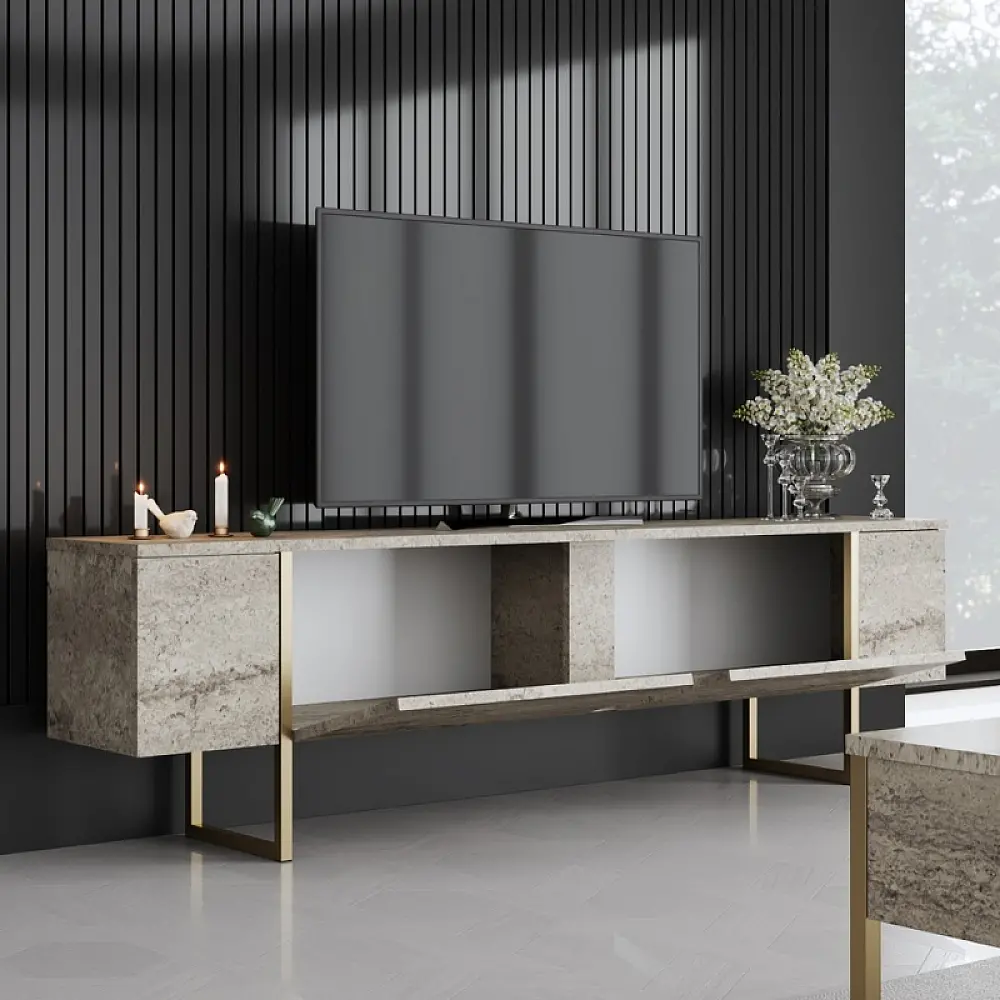 Έπιπλο τηλεόρασης Luxe Megapap χρώμα travertine - χρυσό 180x30x50εκ. Έπιπλο τηλεόρασης Luxe Megapap χρώμα travertine - χρυσό 180x30x50εκ.