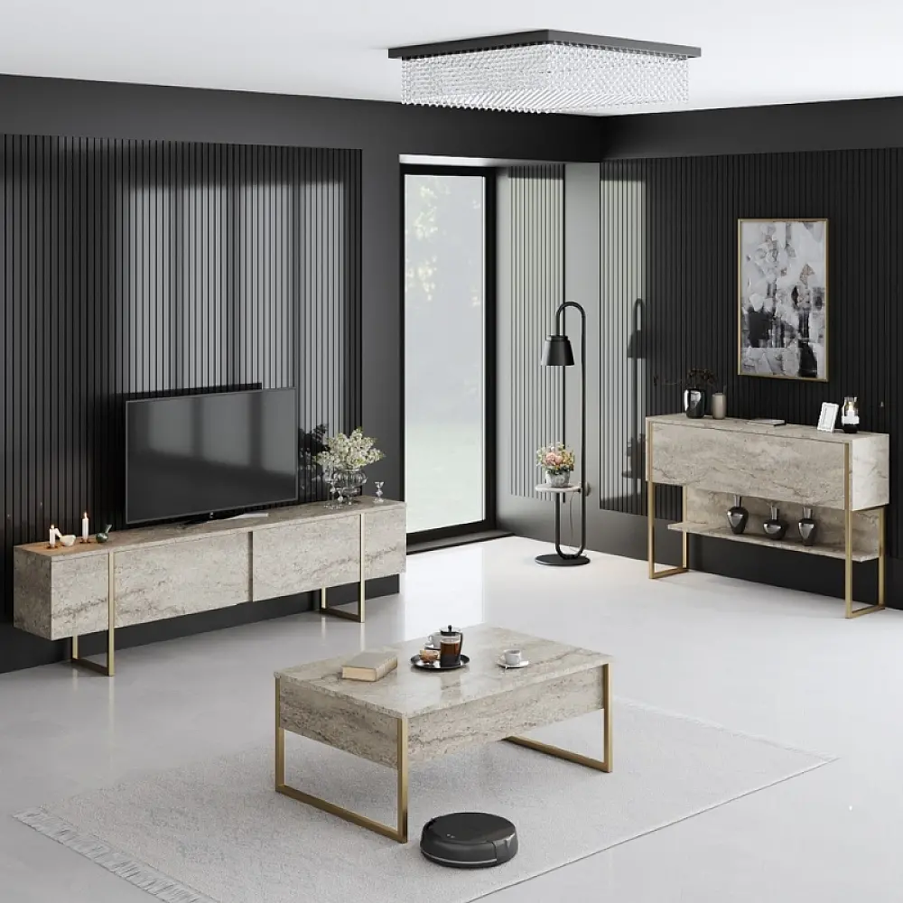 Έπιπλο τηλεόρασης Luxe Megapap χρώμα travertine - χρυσό 180x30x50εκ. Έπιπλο τηλεόρασης Luxe Megapap χρώμα travertine - χρυσό 180x30x50εκ.