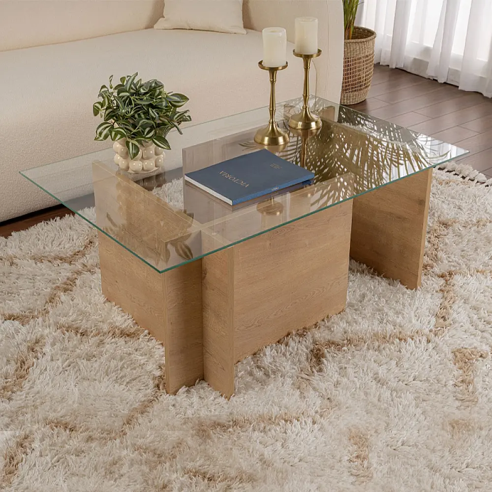 Τραπεζάκι σαλονιού Vetrino Megapap γυάλινο χρώμα honey oak 105x65x40εκ. - GP052-0221,1