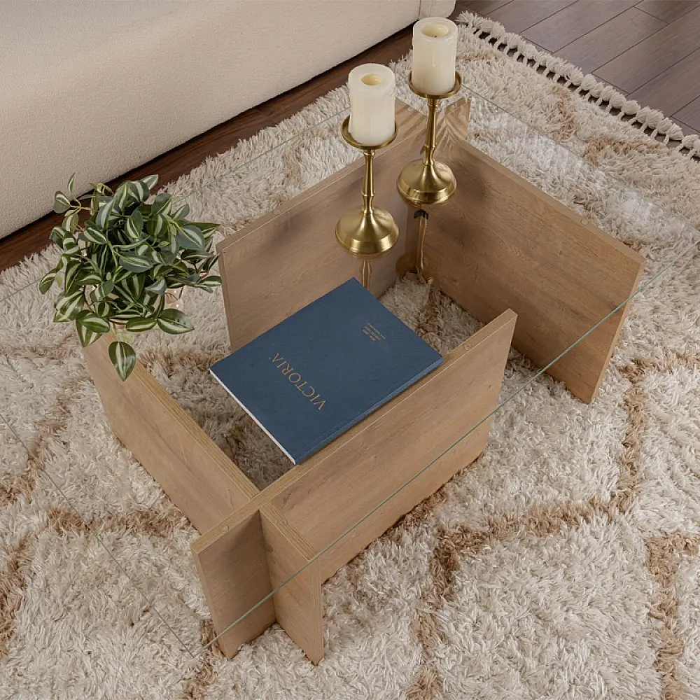 Τραπεζάκι σαλονιού Vetrino Megapap γυάλινο χρώμα honey oak 105x65x40εκ. - GP052-0221,1
