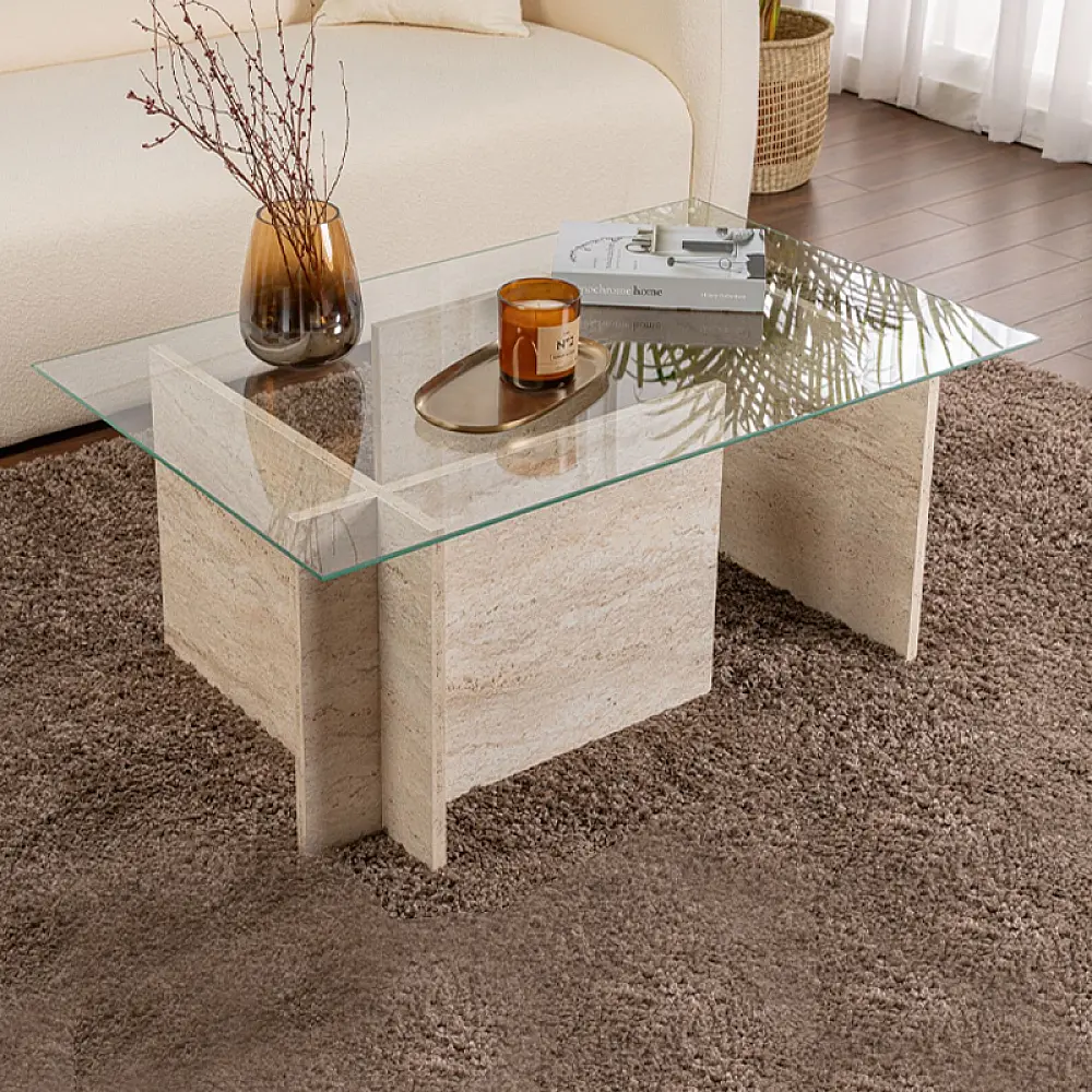 Τραπεζάκι σαλονιού Vetrino Megapap γυάλινο χρώμα travertine 105x65x40εκ. - GP052-0221,2