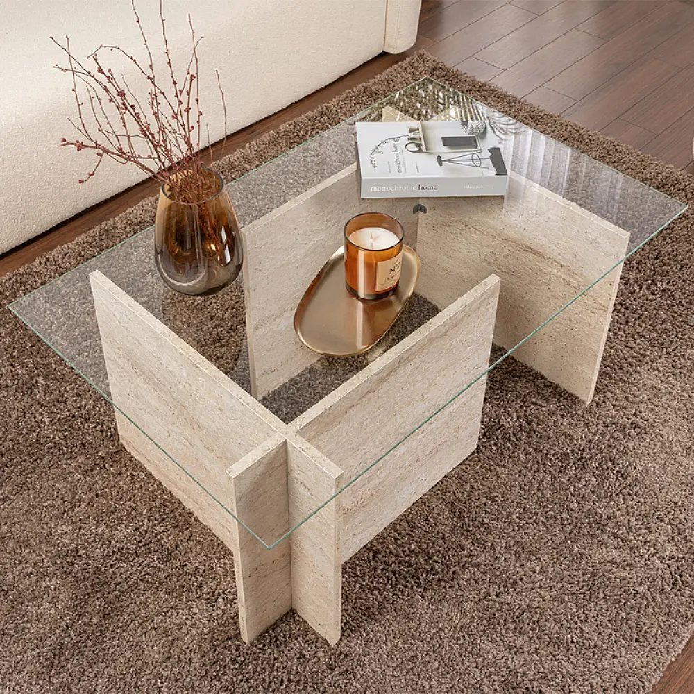 Τραπεζάκι σαλονιού Vetrino Megapap γυάλινο χρώμα travertine 105x65x40εκ. - GP052-0221,2