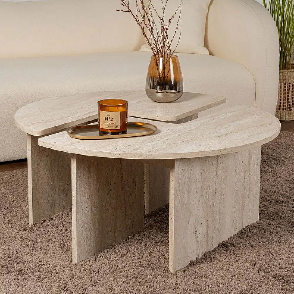Τραπεζάκι σαλονιού σετ 2 τμχ Moira Megapap χρώμα travertine Ø90x41εκ. | GP052-0229,1
