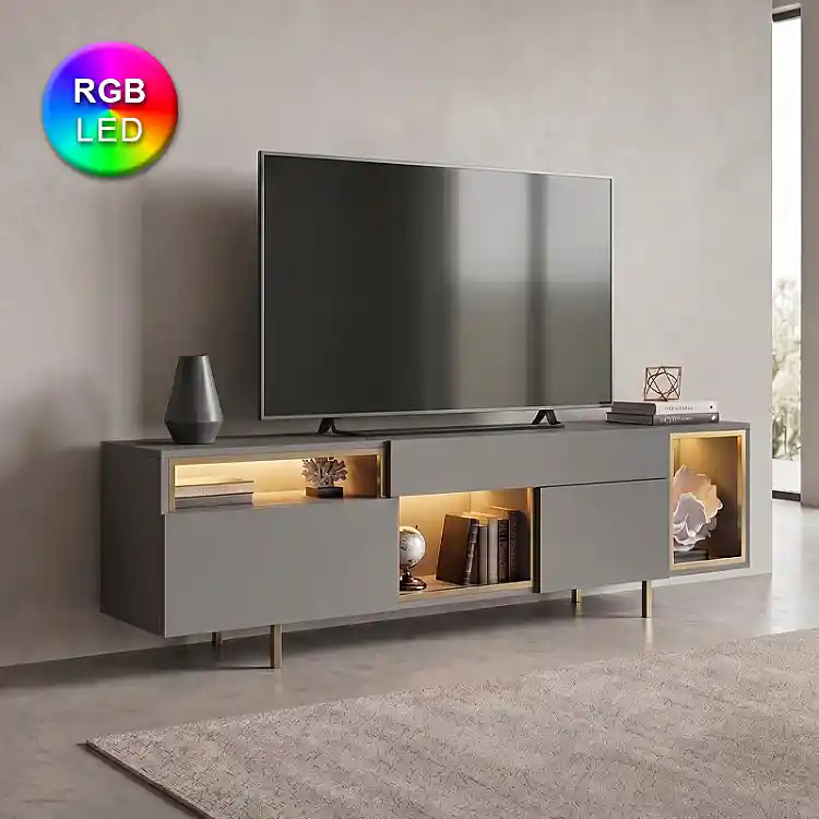 Έπιπλο τηλεόρασης Norm Megapap με Led Rgb χρώμα ανθρακί - χρυσό 180x32x55εκ. | GP052-0279,1