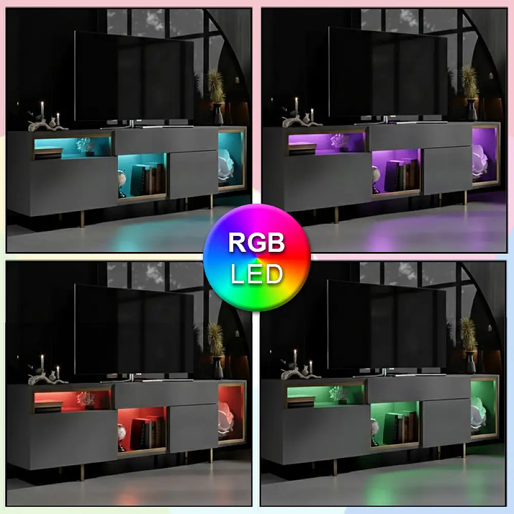 Έπιπλο τηλεόρασης Norm Megapap με Led Rgb χρώμα ανθρακί - χρυσό 180x32x55εκ. | GP052-0279,1