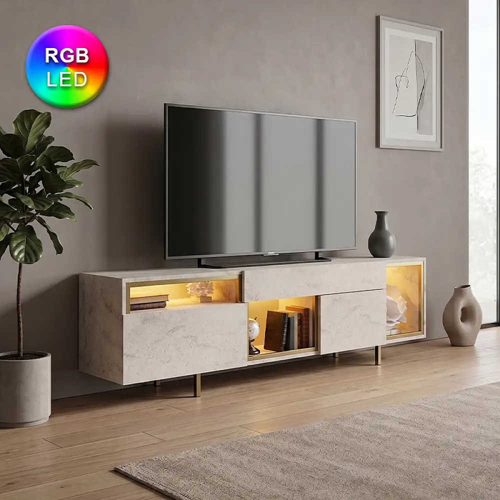 Έπιπλο τηλεόρασης Norm Megapap με Led Rgb χρώμα travertine - χρυσό 180x32x55εκ. | GP052-0279,2