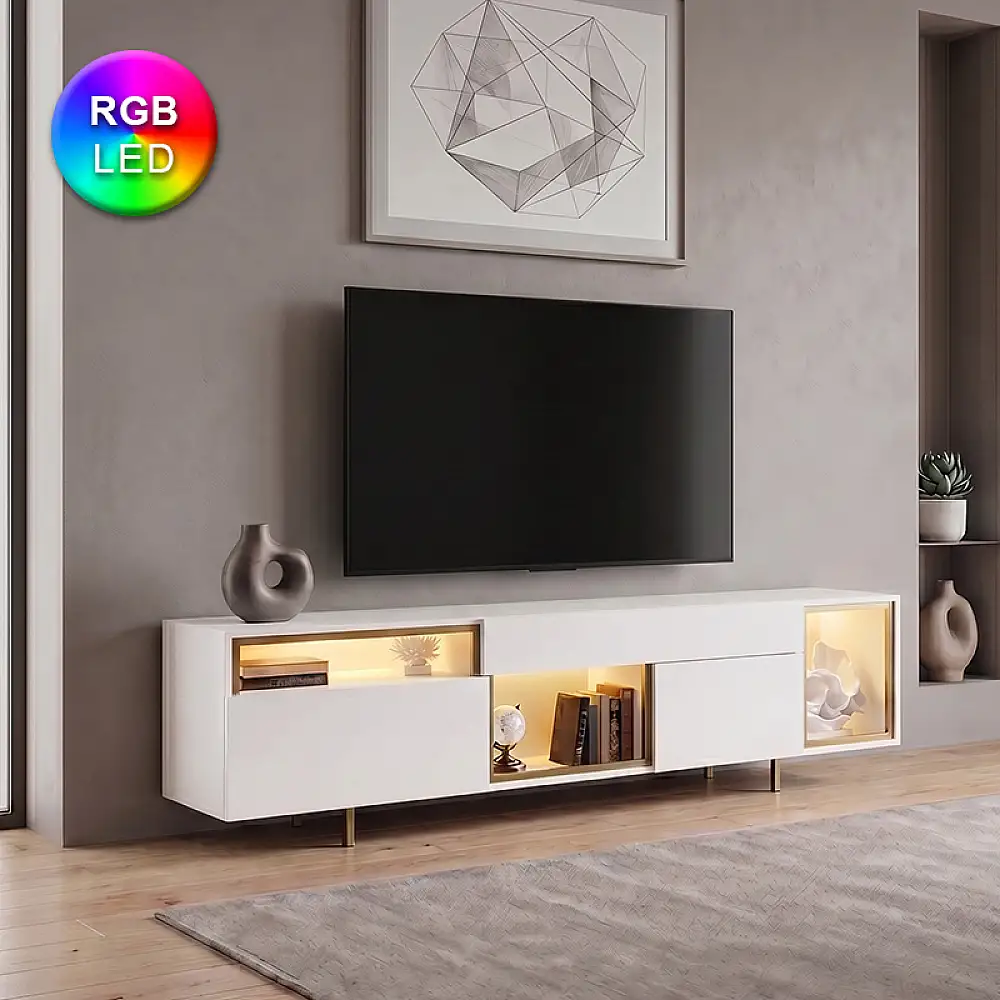 Έπιπλο τηλεόρασης Norm Megapap με Led Rgb χρώμα λευκό - χρυσό 180x32x55εκ. | GP052-0279,3