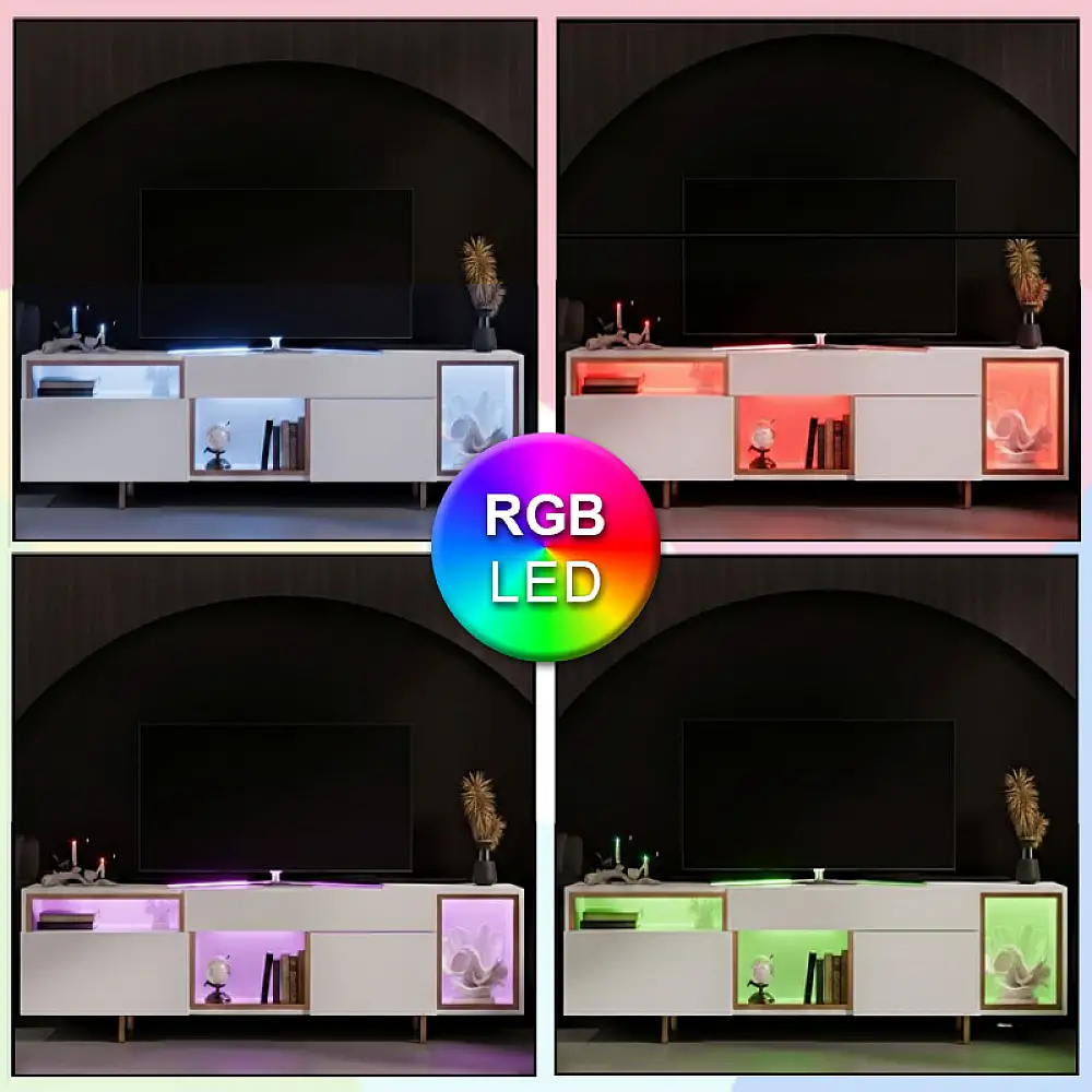 Έπιπλο τηλεόρασης Norm Megapap με Led Rgb χρώμα λευκό - χρυσό 180x32x55εκ. | GP052-0279,3
