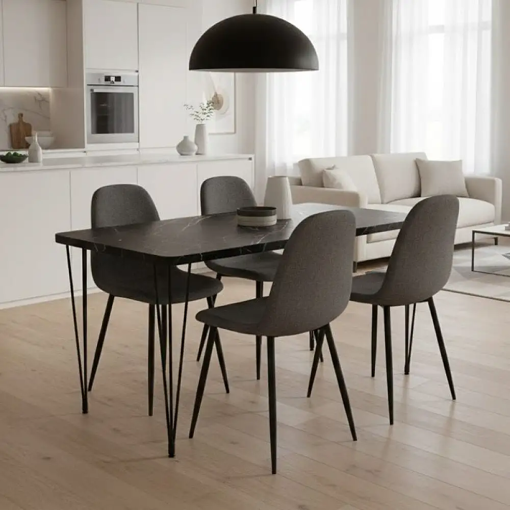 Σετ τραπεζαρία 5τμχ Roger - Iris Megapap Mdf - ύφασμα χρώμα μαύρο εφέ μαρμάρου - γκρι 120x70x75εκ. | GP100-0128,1